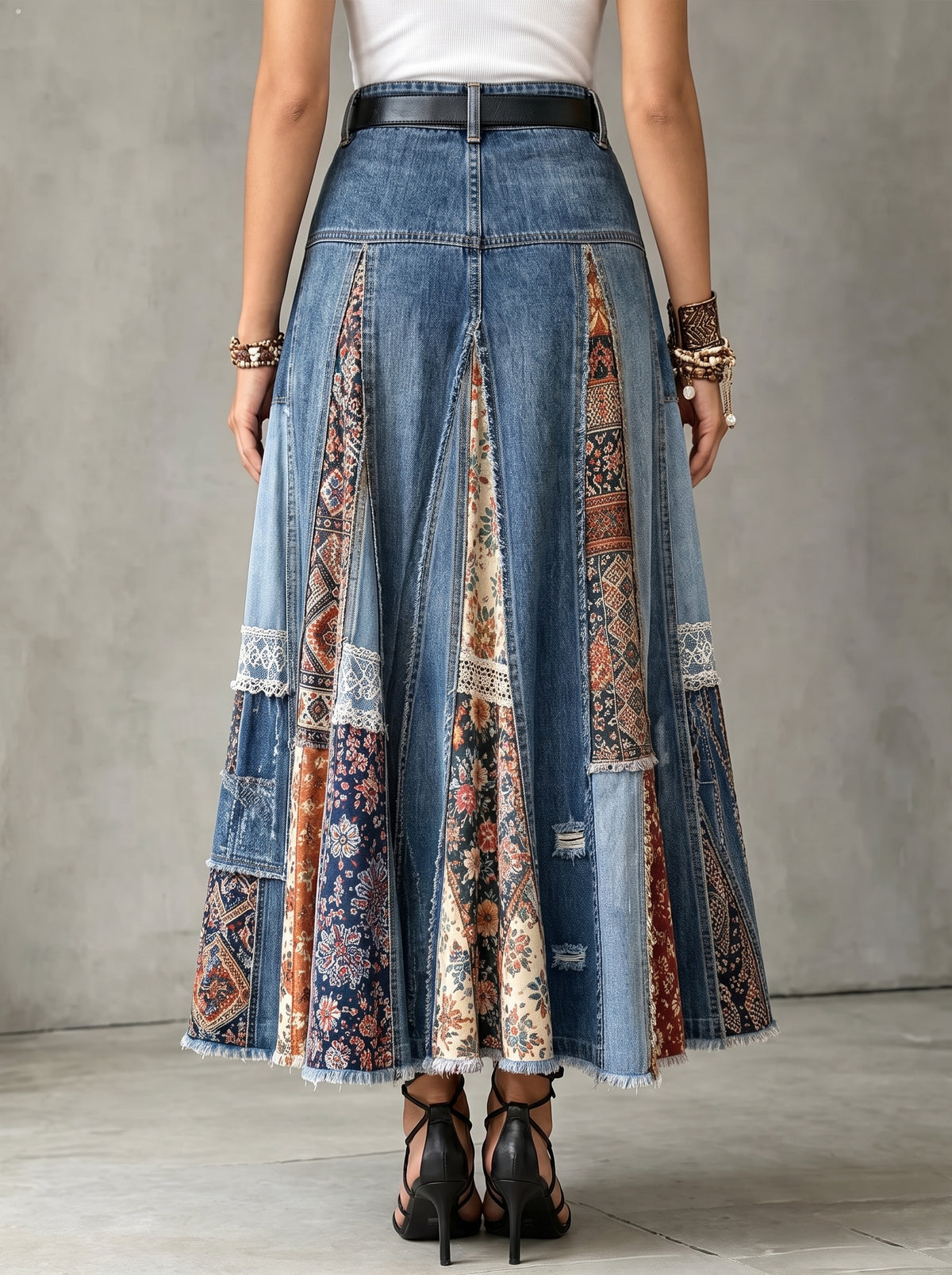 Women‘s Patchwork Floral Print Fringe Hem High Waist Denim Midi Skirt