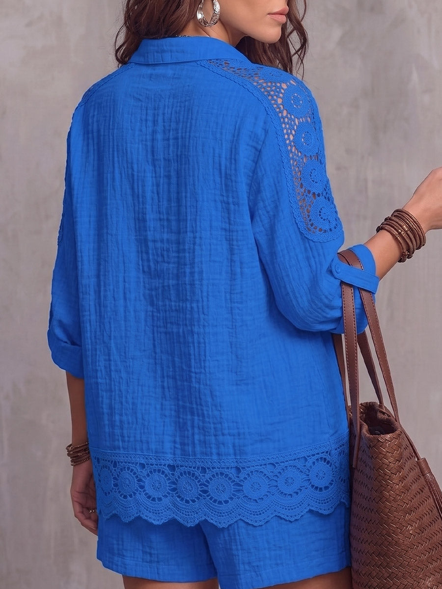 Vintage Elegant Crochet Floral Patchwork Cotton-Linen Shirt