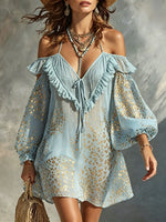Women's Gold Foil Leopard Print Ruffle Off Shoulder Puff Sleeve Beach Mini Dress