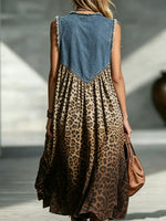 Women’s Frayed Denim Yoke Leopard Print Sleeveless Midi Dress