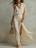 Women's One-Shoulder Satin Slit Maxi Dress