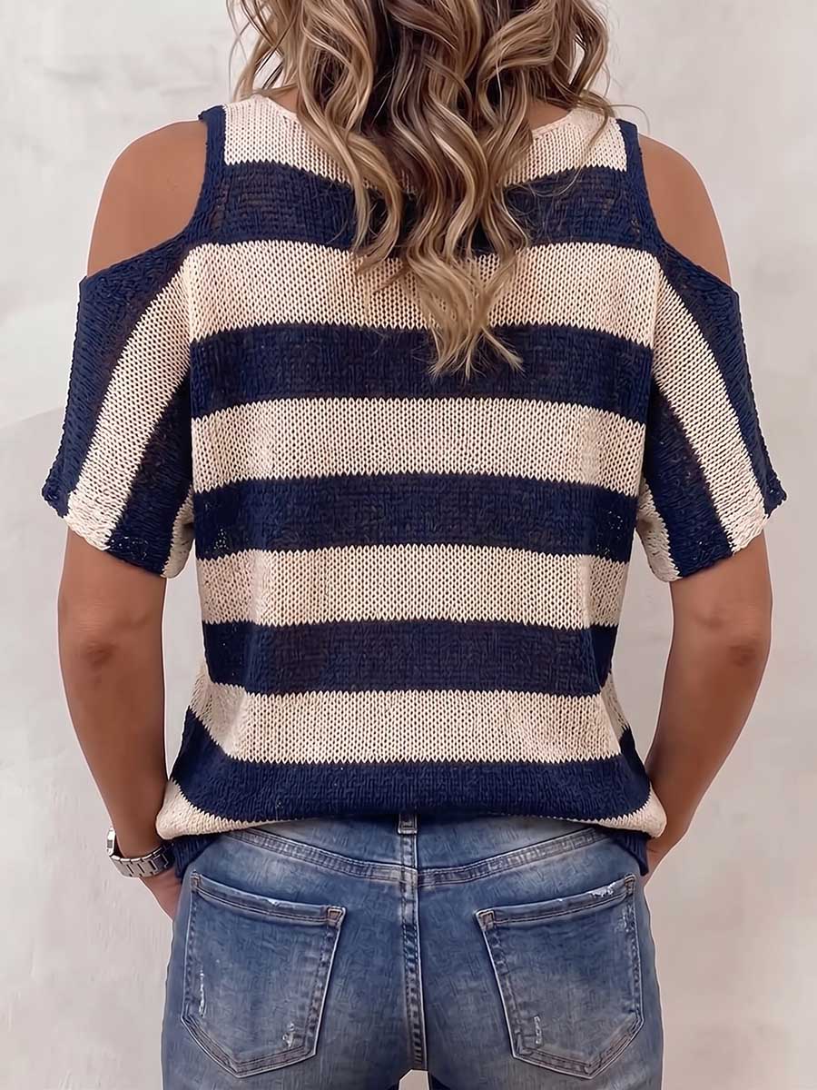 Women's Striped Print V-neck Off-shoulder Short-sleeve Casual Loose Knit Top