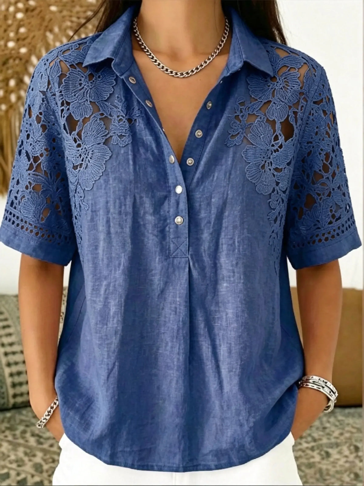 Women's Hollow Floral Lace Spliced Denim Collar Short Sleeve Shirt