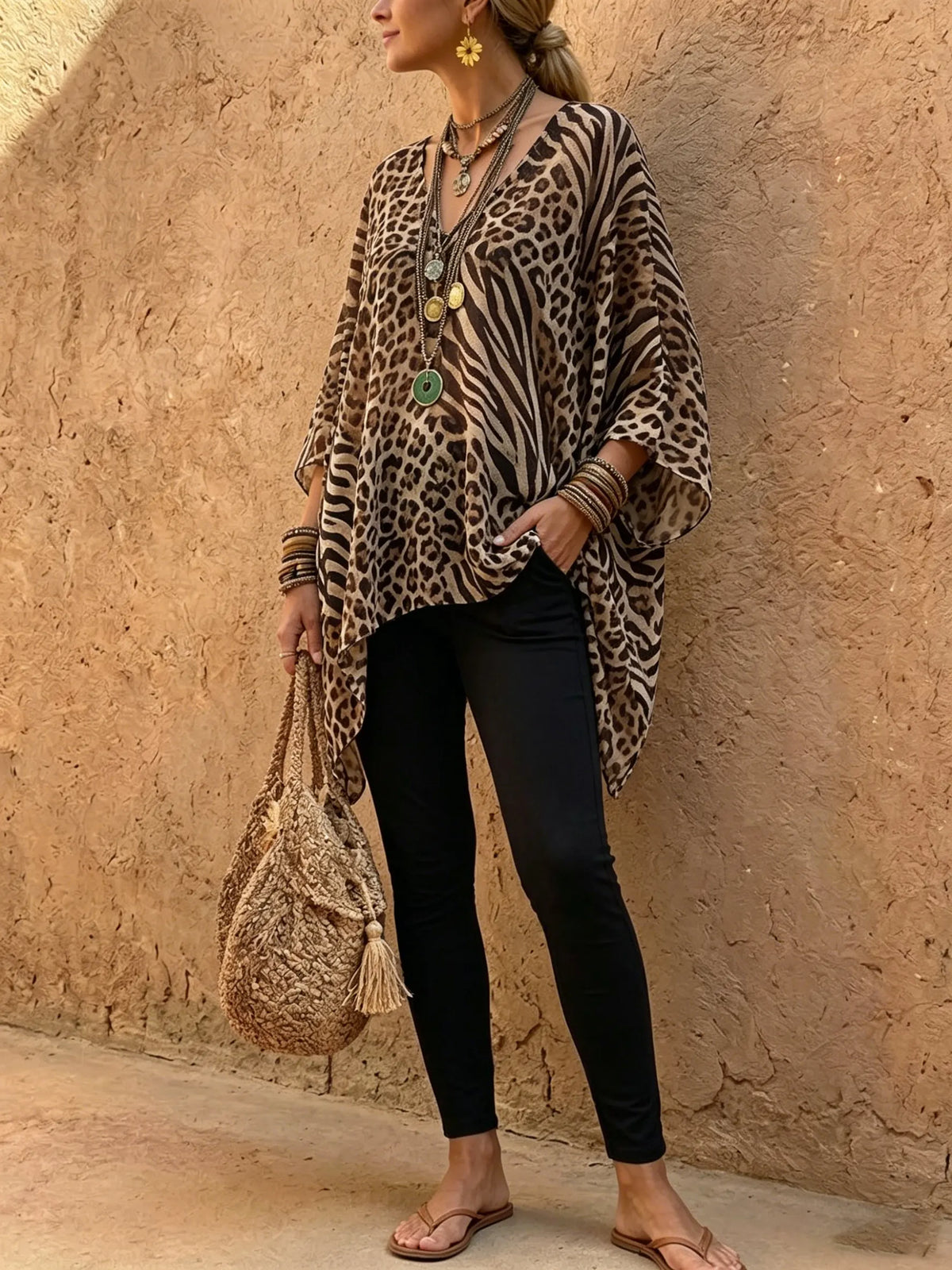Women's Animal Print V-Neck Poncho Top