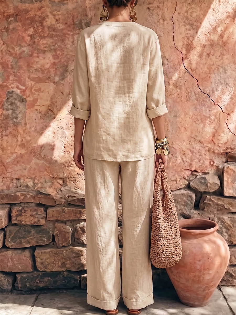 Women's Solid Color V-neck Long-sleeve Casual Loose Cotton-linen Top And High-waisted Wide-leg Pants Set