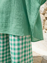 Womens Textured Cotton Linen Top & Gingham Wide Leg Pants Two Piece Set
