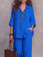 Vintage Elegant Crochet Floral Patchwork Cotton-Linen Shirt