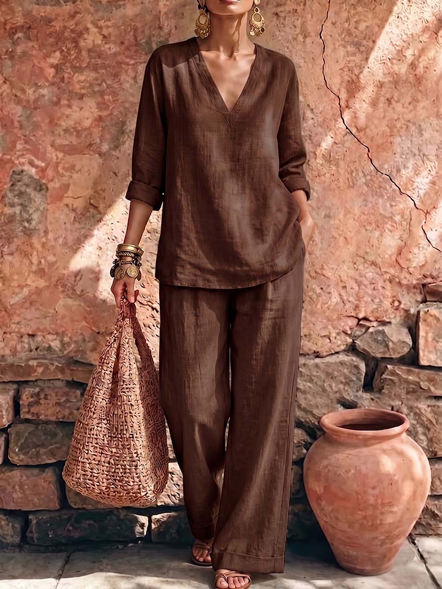 Women's Solid Color V-neck Long-sleeve Casual Loose Cotton-linen Top And High-waisted Wide-leg Pants Set