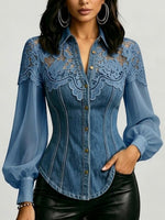 Collared Denim Shirt Featuring Metal Buttons, Wavy Lace Paneling, And Long Puff Sleeves In Chiffon
