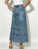 Bohemian Floral-cutout Asymmetrical Denim Midi Skirt