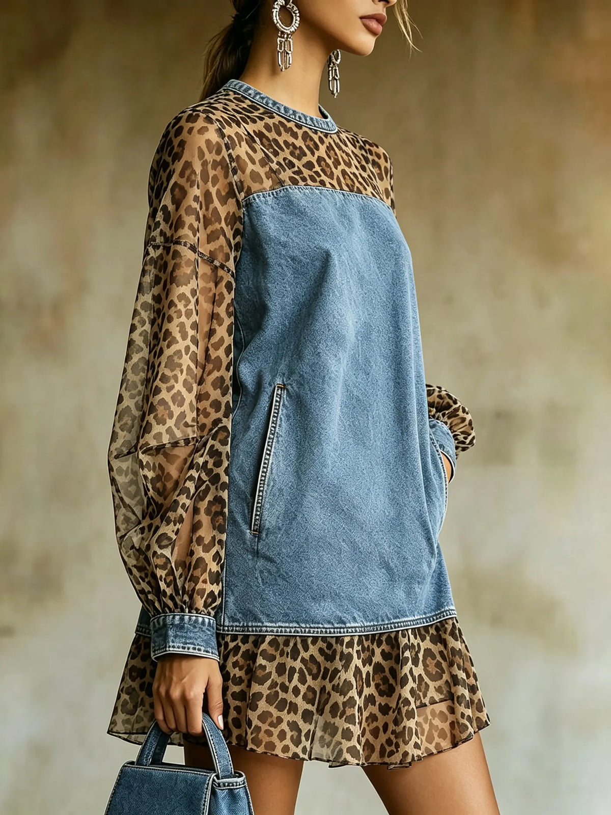 Women's Leopard Mesh Panel Denim Tunic Dress