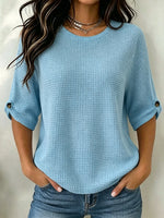 Women's Waffle Knit Button-Sleeve Top