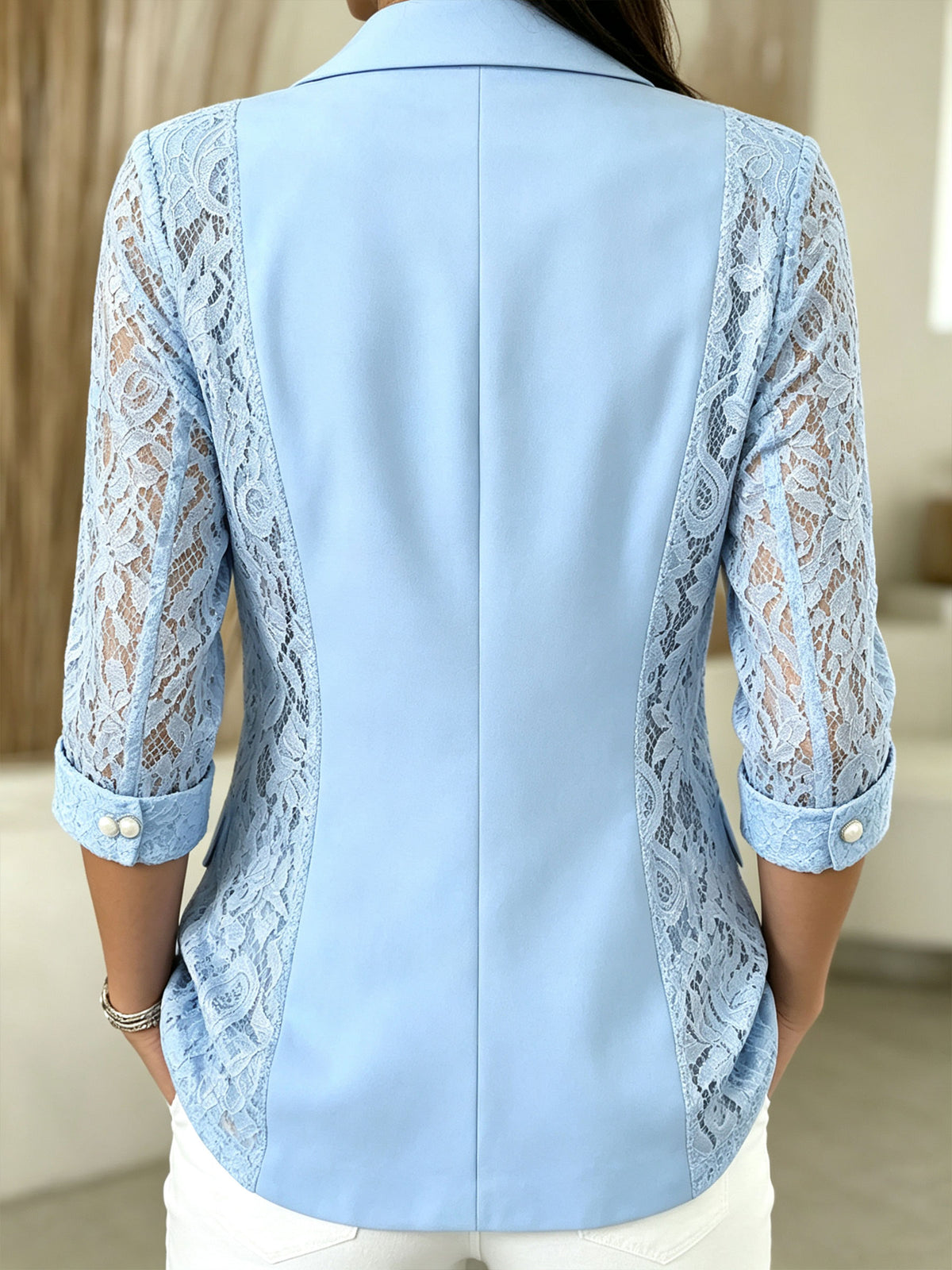 Women’s Lace Spliced 3/4 Sleeve Notched Lapel One Button Blazer Jacket