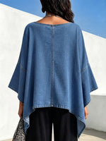 Loose-fit Denim V-neck Cape-style Top Featuring Wide Flared Sleeves, An Asymmetrical Hem, And A Flattering Silhouette