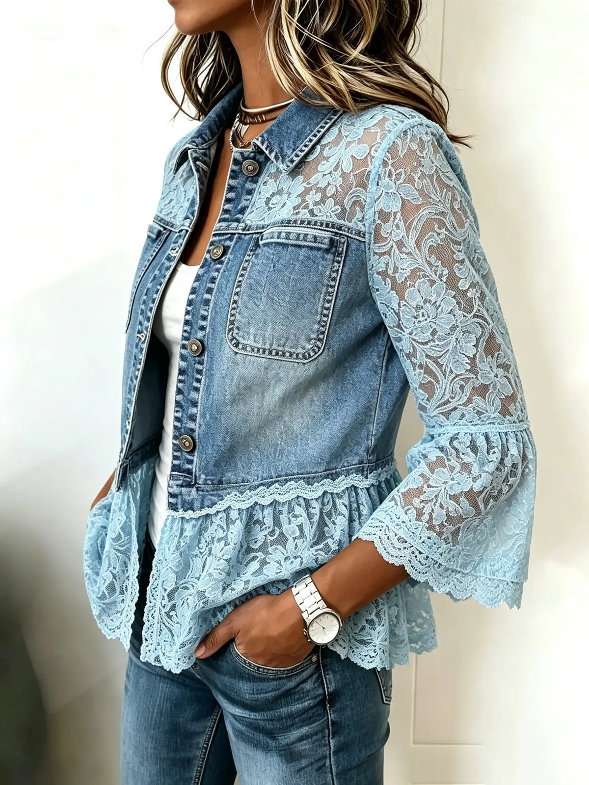 Women's Floral Lace Spliced Denim Short Jacket
