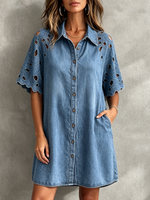 Boho Vintage Floral Lace-panel A-line Denim Dress