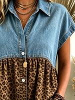 Women's Denim Leopard Patchwork Short-Sleeve Shirt