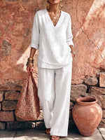 Women's Solid Color V-neck Long-sleeve Casual Loose Cotton-linen Top And High-waisted Wide-leg Pants Set