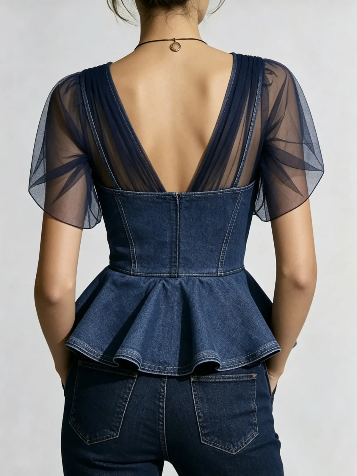 Women's Solid Tulle Spliced Denim Ruffle Waist-Cinched Crop Top