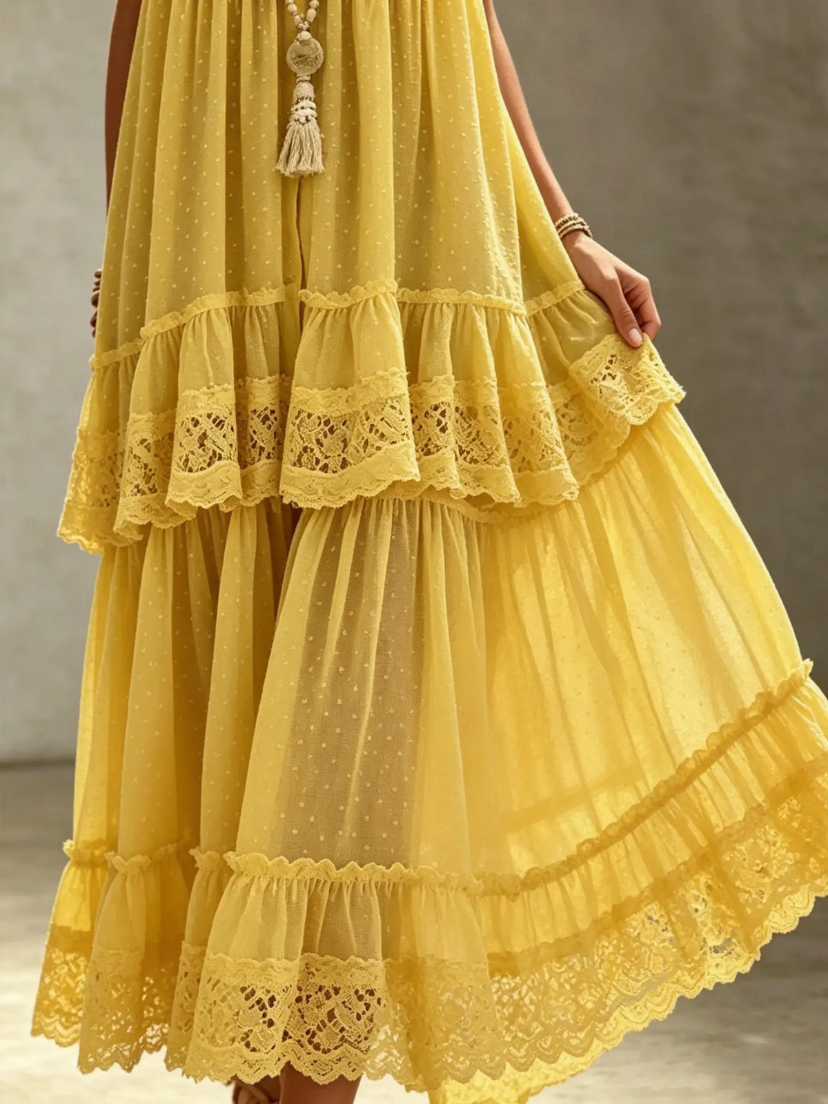 Women's Solid Dobby Dot Hollow Lace Halter Tiered Cake Vacation Maxi Dress