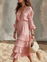 Women's Deep V-Neck Tiered Ruffle Midi Dress