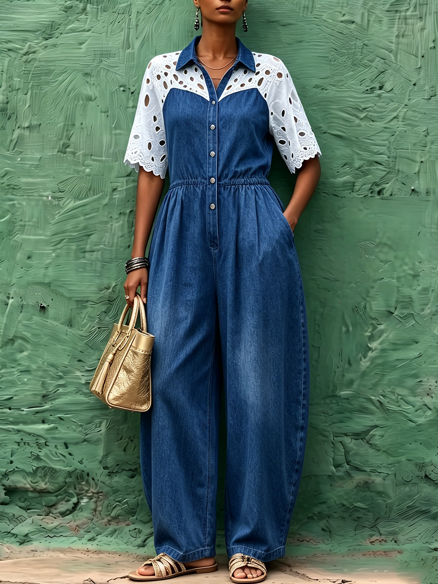 Elegant Chic Floral Lace-panel Knit Jumpsuit