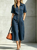 Womens Zip Front Collared Short Sleeve Elastic Waist Denim Culotte Jumpsuit