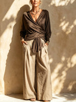 Womens Wrap Knit Top & Linen Wide Leg Pants Two Piece Outfit Set