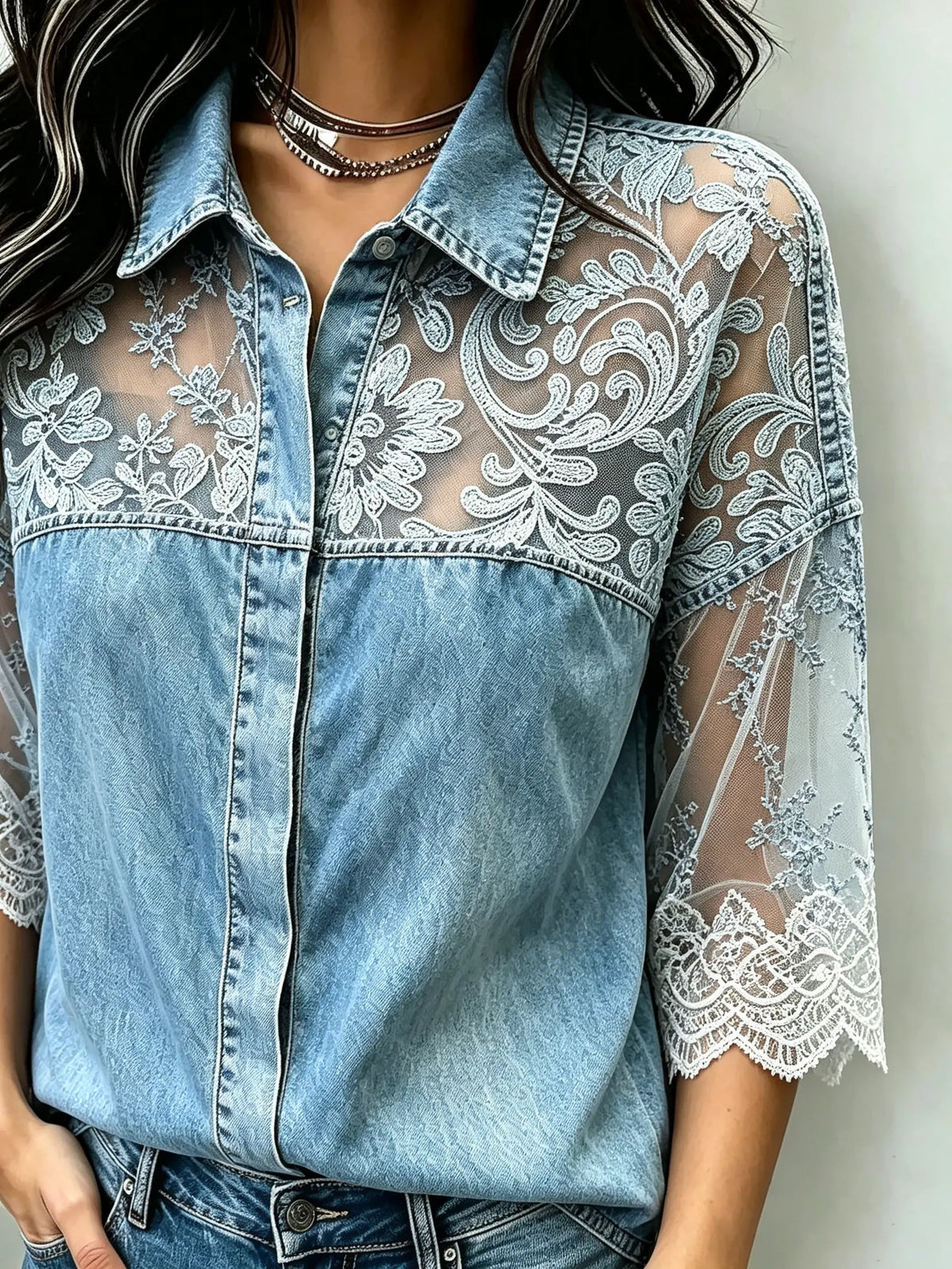 Women's Floral Lace Patchwork 3/4 Sleeve Collar Denim Shirt