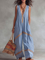Women's Striped Print V-neck Sleeveless Casual Loose Cotton-linen Wide-leg Jumpsuit