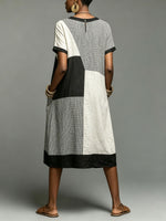 Women’s Geometric Color Block Grid Linen Blend Midi Dress With Pockets