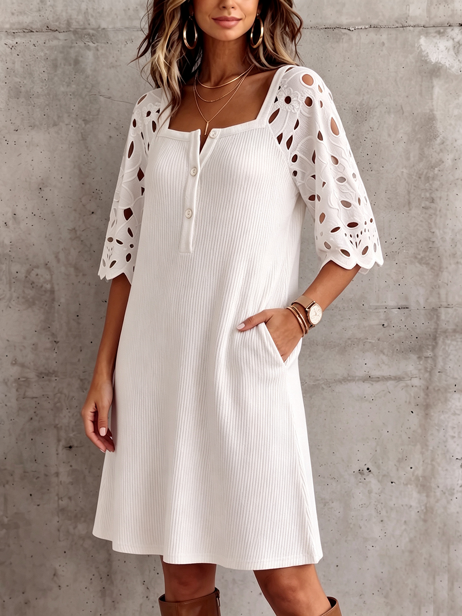 Elegant Square-neck Knit Dress With Floral Embroidery Sleeves