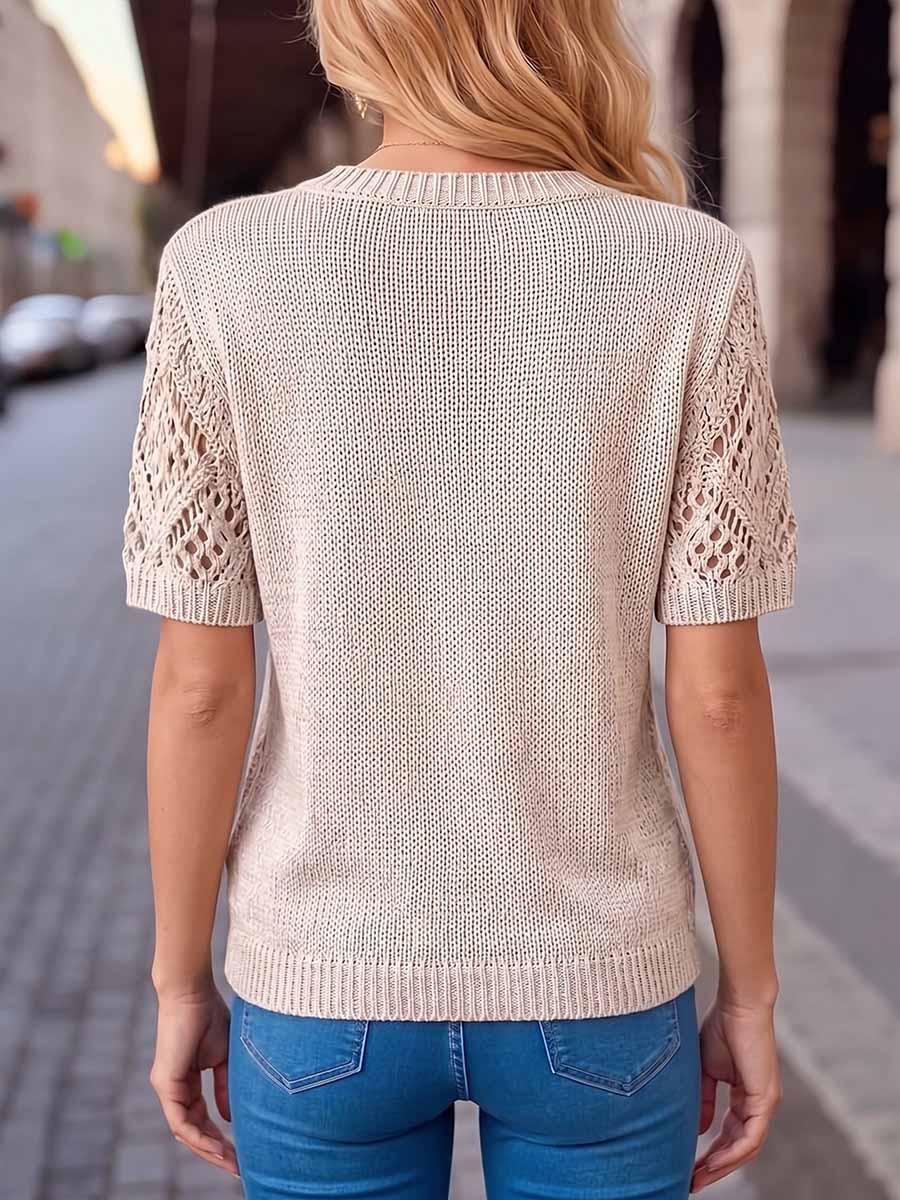 Women's Solid Color V-neck Short-sleeve Casual Loose Knit Pullover
