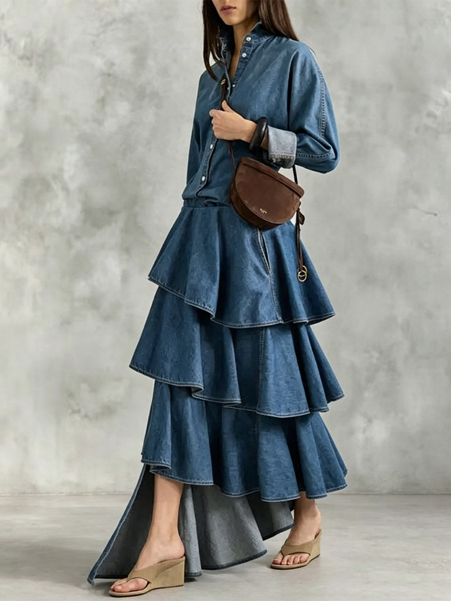 Women's Asymmetrical Ruffle Hem Art Casual Stylish Long Sleeve Maxi Denim Dress