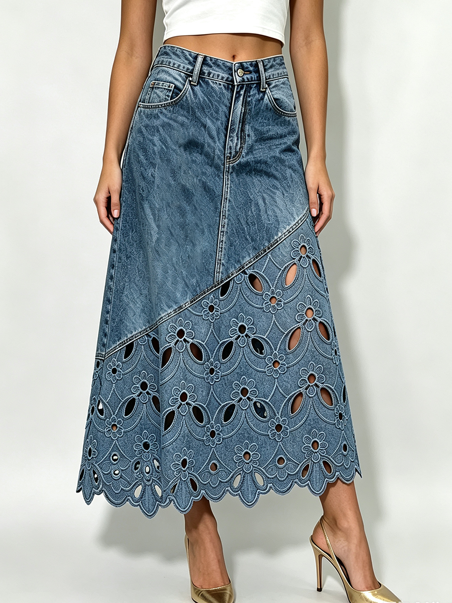Bohemian Floral-cutout Asymmetrical Denim Midi Skirt