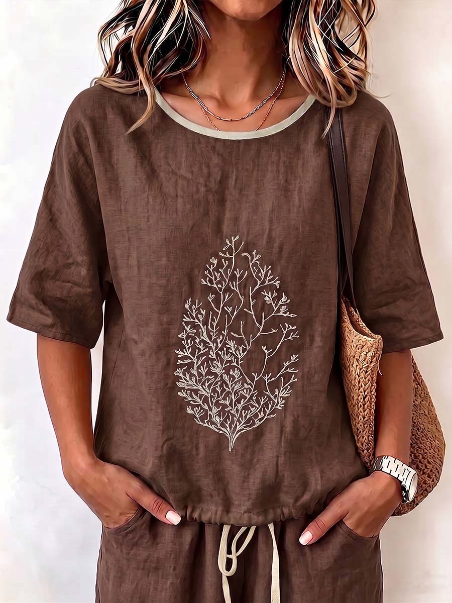 Women's Casual Loose-fit Cotton-linen Top With Placement Embroidery, Crew Neck, And 3/4 Sleeves With Drawstring Detail