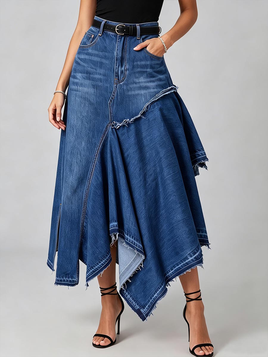Women's High-waisted Denim Skirt With Asymmetrical Hem
