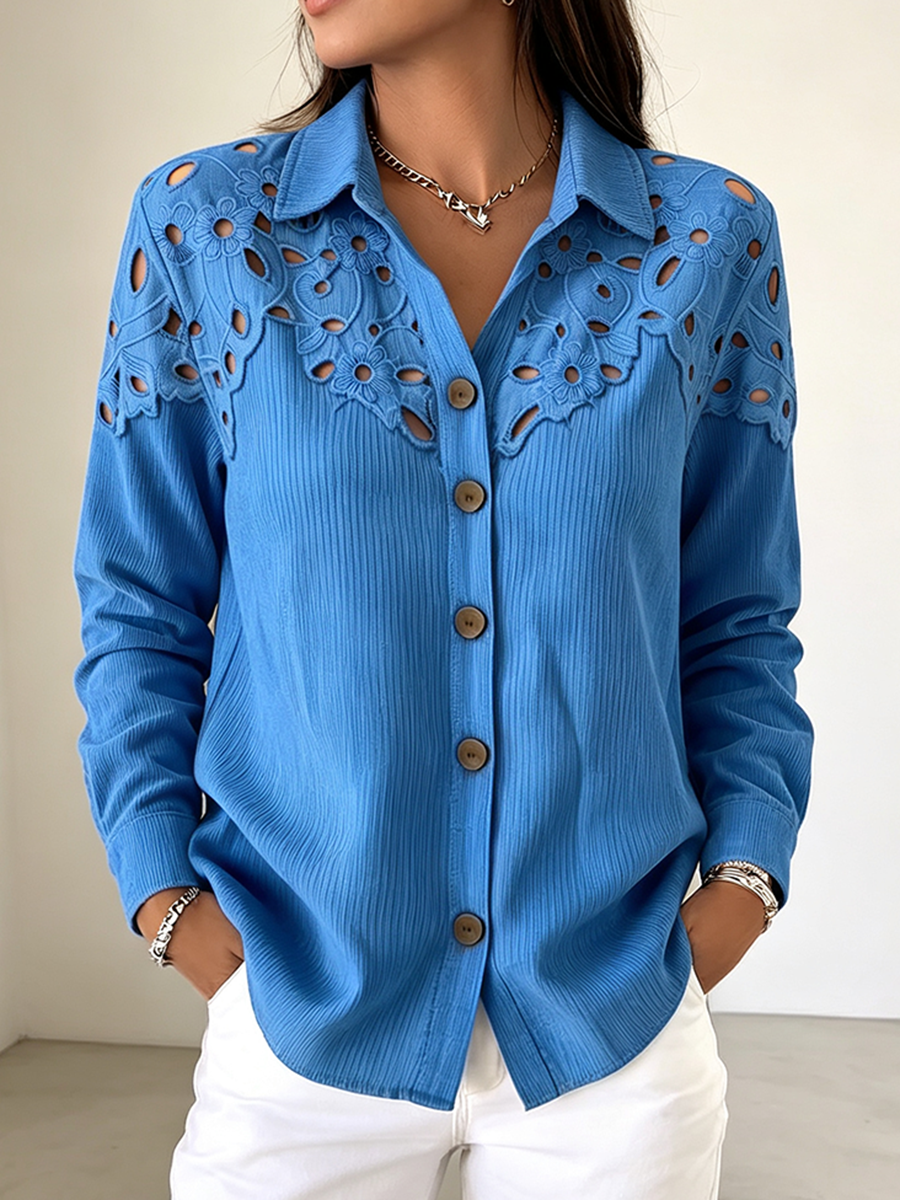 Elegant Corduroy Shirt With Floral-cutout Paneling