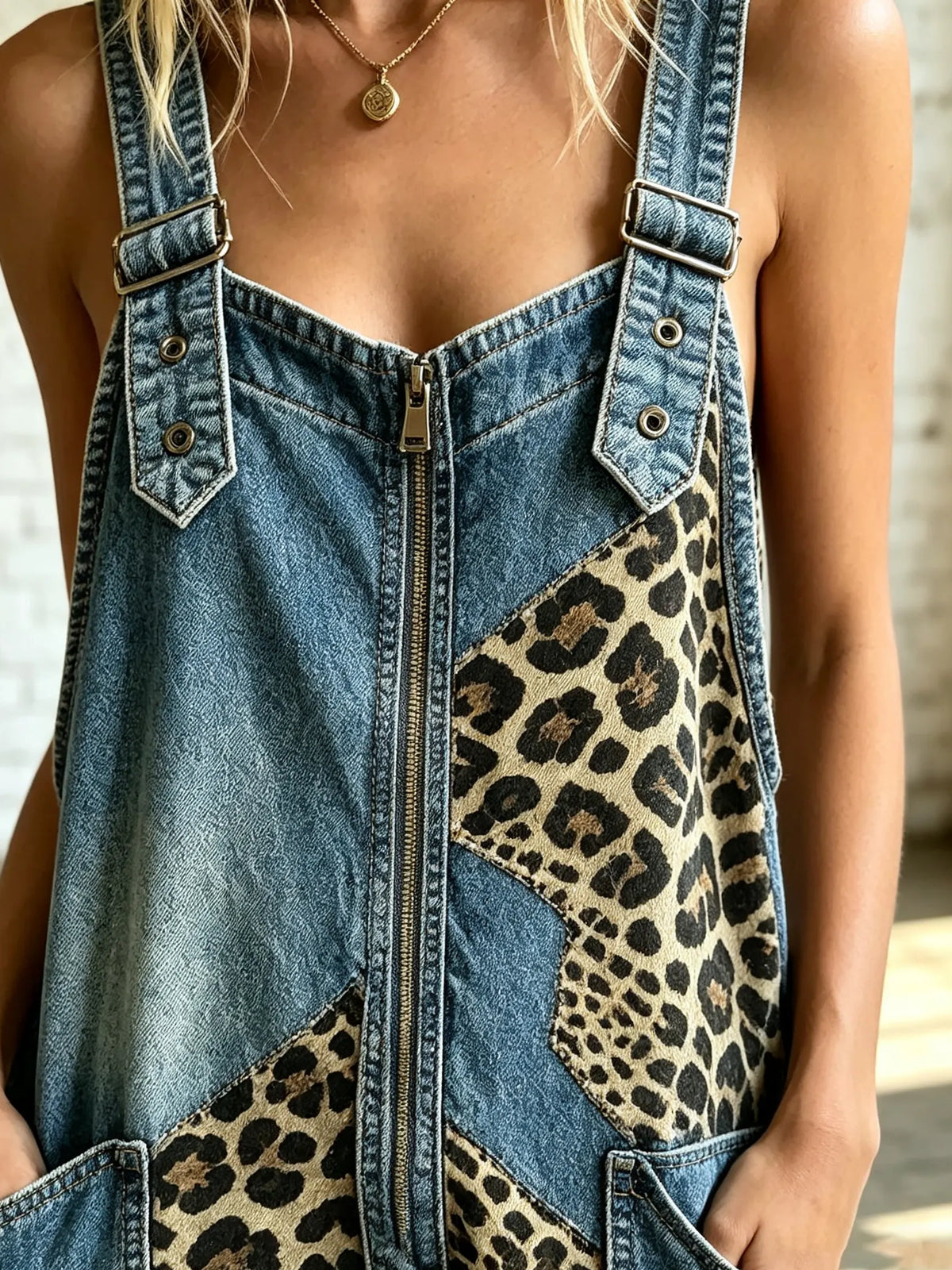 Women's Leopard Patchwork Eyelet Cropped Denim Overalls