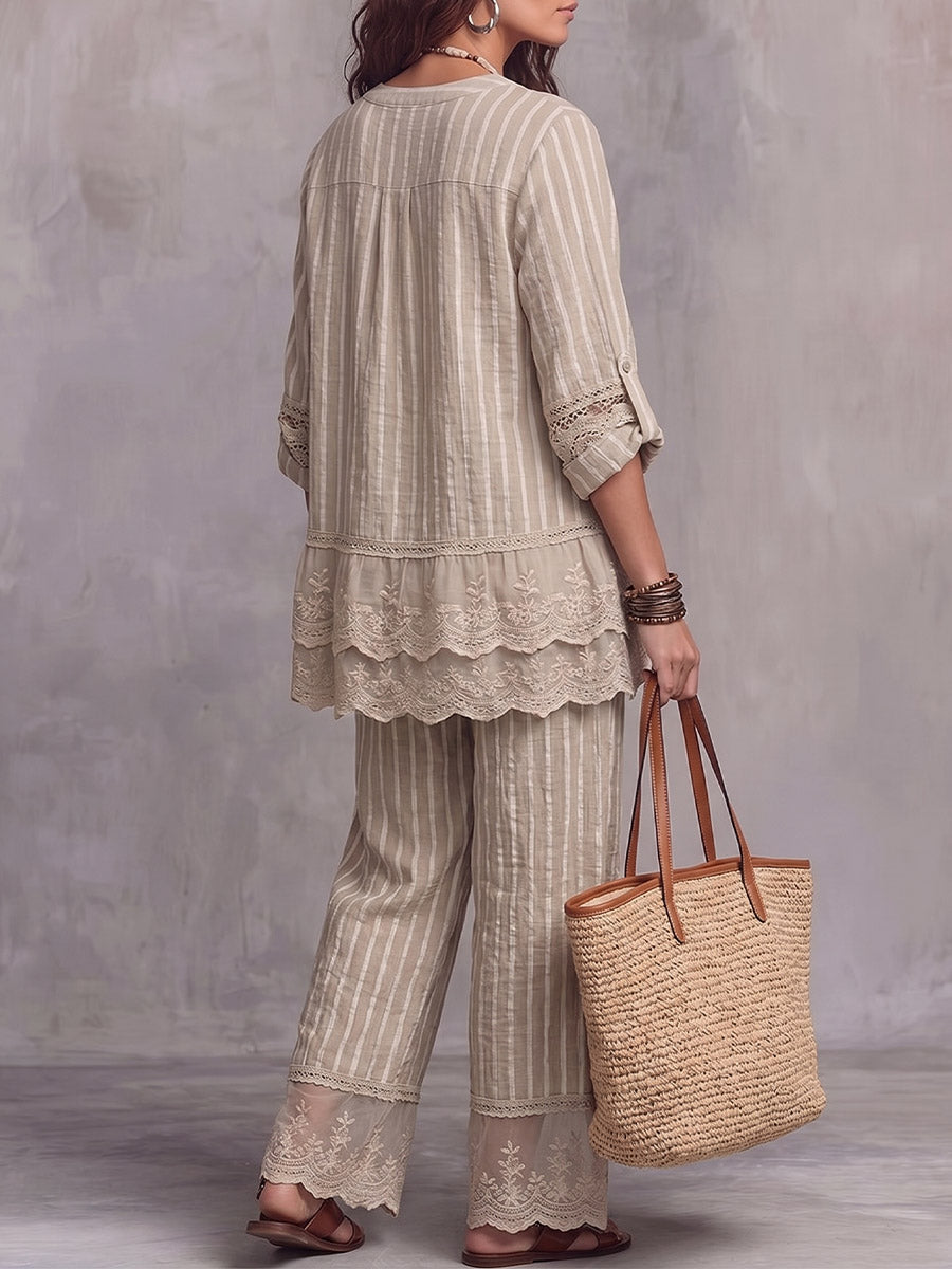 Vintage Elegant Patchwork Floral Embroidery Sheer Panel Shirt Set