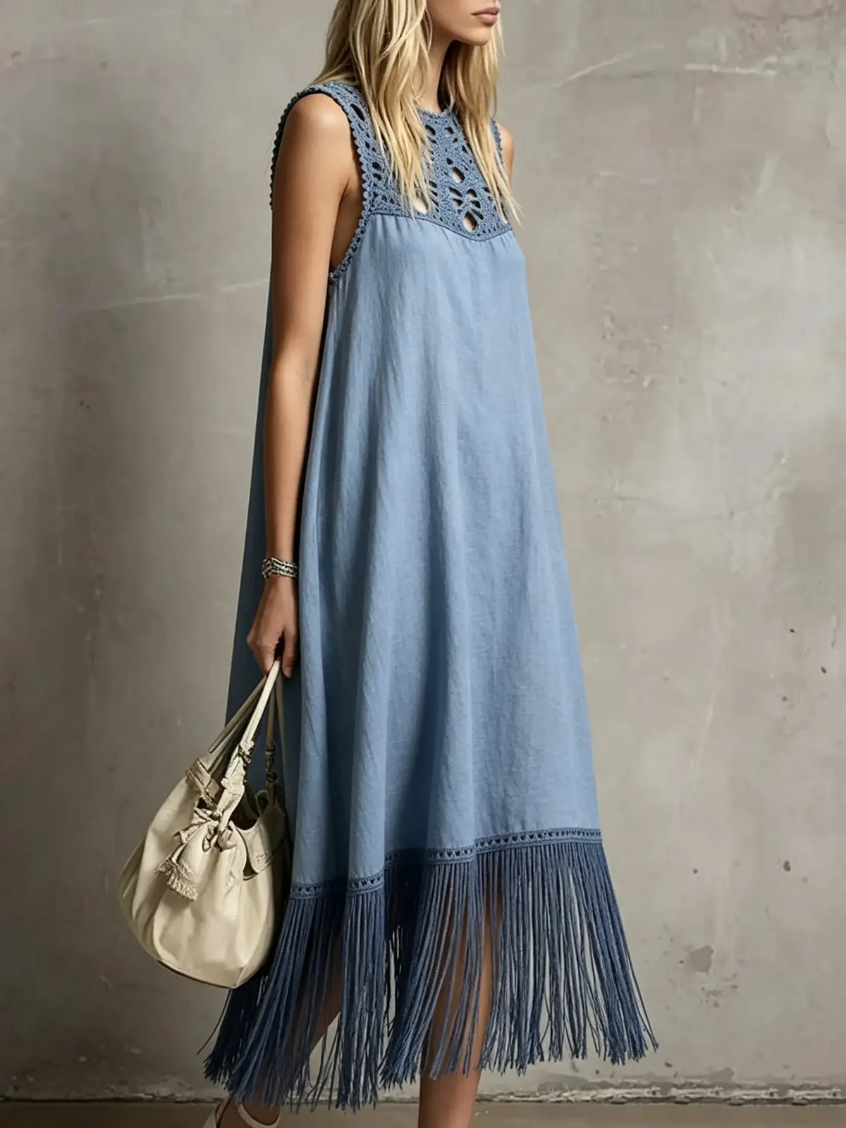 Women's Crochet Hollow Solid Tassel Sleeveless Midi Dress