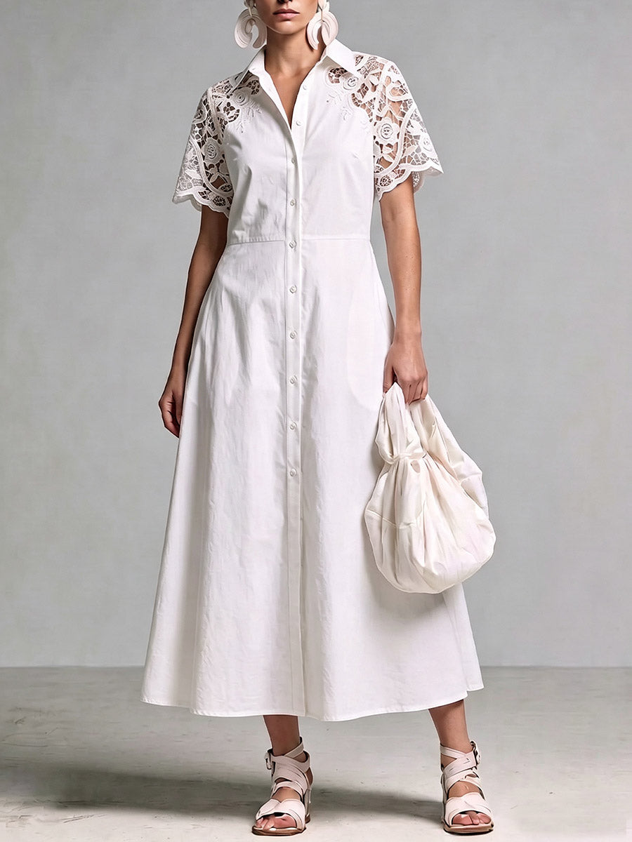 Women's Solid Color Lapel Short-sleeve Casual Loose Cotton-linen Shirt Dress