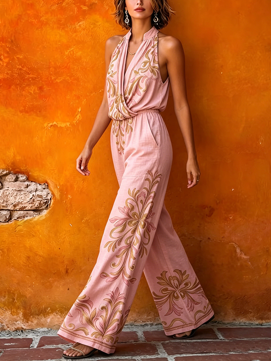 Boho Floral Print Sleeveless Cotton-linen Jumpsuit