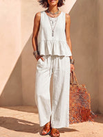 Women's Solid-color Cotton-linen Set: Sleeveless Round-neck Loose-fit Top & High-waisted Wide-leg Pants