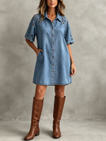 Boho Vintage Floral Lace-panel A-line Denim Dress