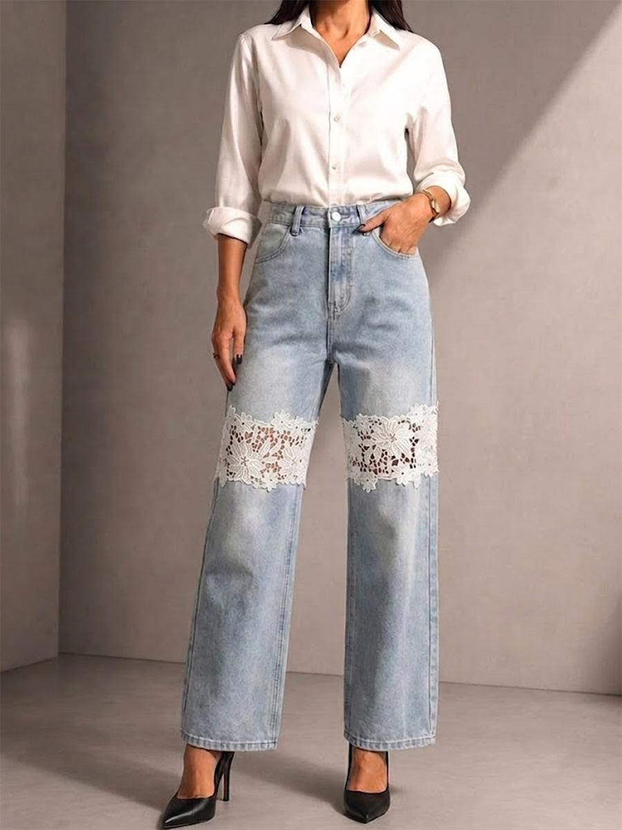 Wash High Waist Straight Wide Leg Denim Pants Dual Knee White Floral Hollow Lace Splice Drape Trousers