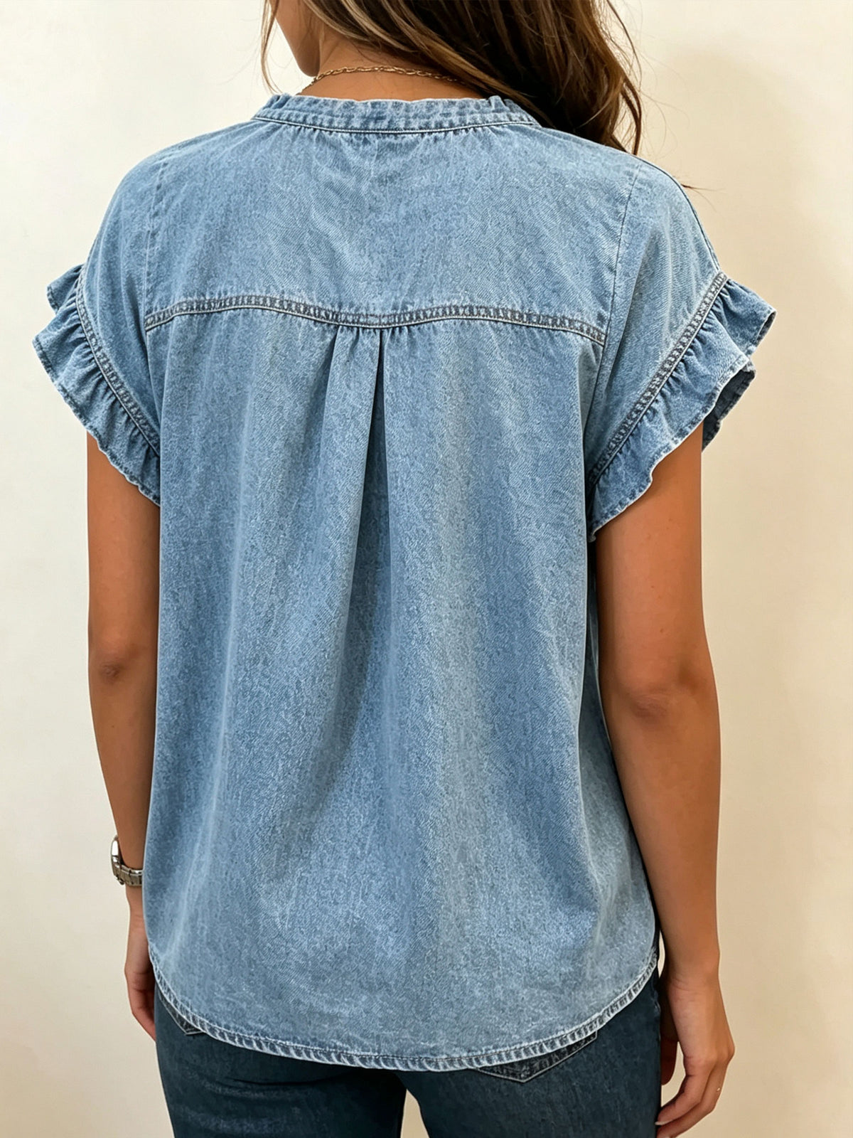 Women’s Ruffle Cap Sleeve V Neck Loose Light Wash Denim Blouse