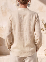 Women's Solid-color Stand-collar Long-sleeve Casual Loose Cotton-linen Shirt