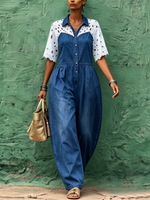 Elegant Chic Floral Lace-panel Knit Jumpsuit