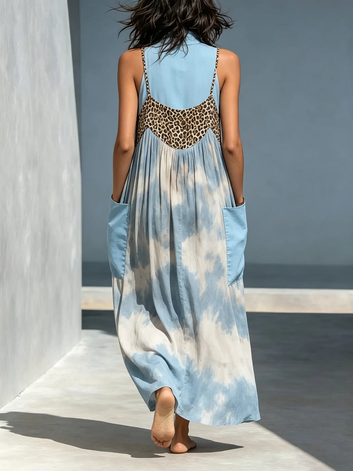 Women Tie Dye Gradient Leopard Print Patchwork Mock Neck Spaghetti Strap Loose Maxi Dress